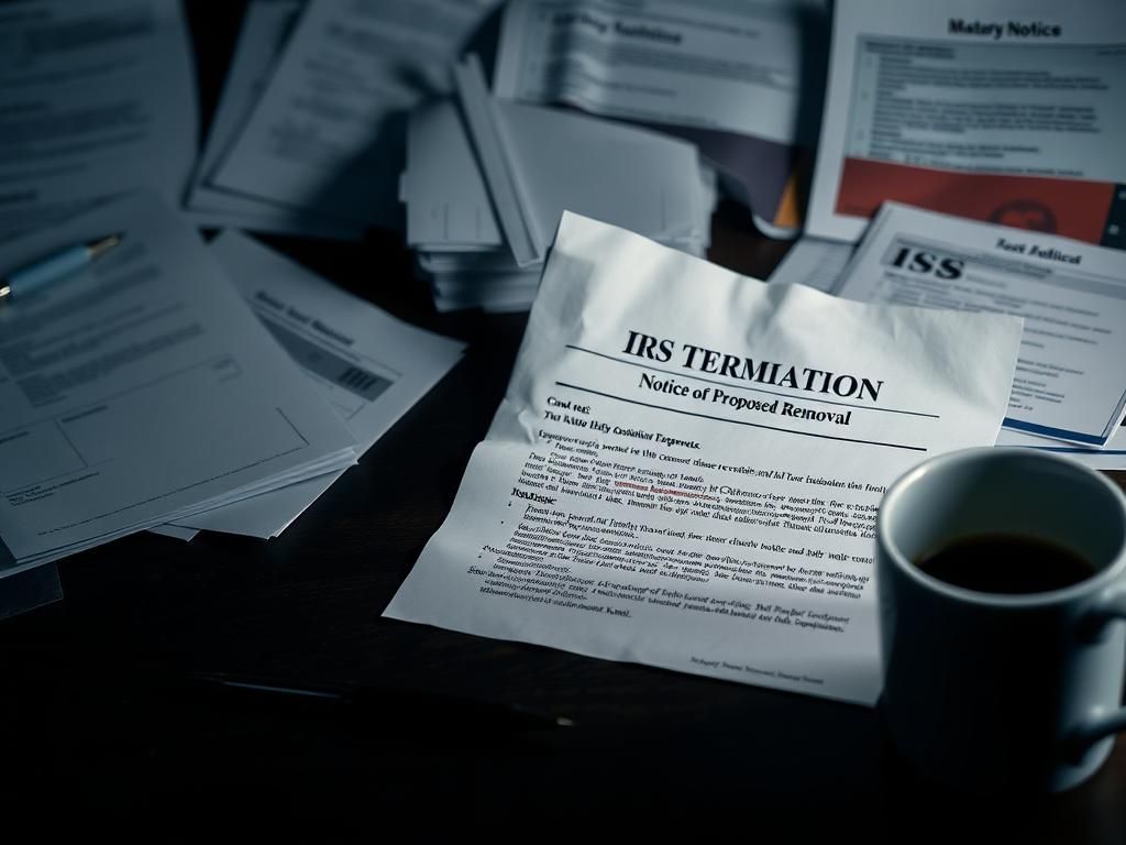 Flick International Close-up of IRS termination notice related to Obama-era Tea Party targeting scandal