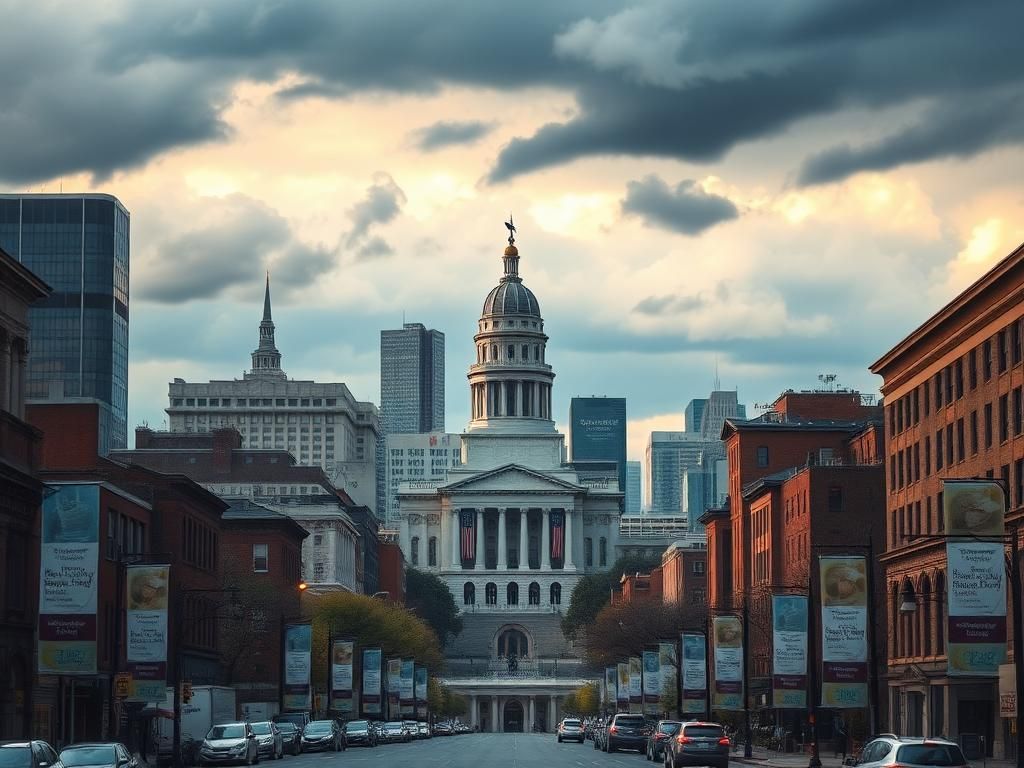 Flick International Urban landscape of Boston featuring city hall and stormy skies