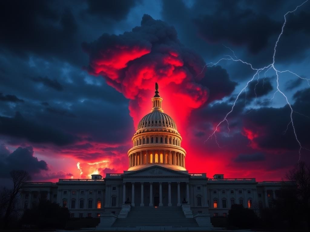 Flick International Dramatic scene of the U.S. Capitol building at dusk with a glowing mushroom cloud rising in the foreground