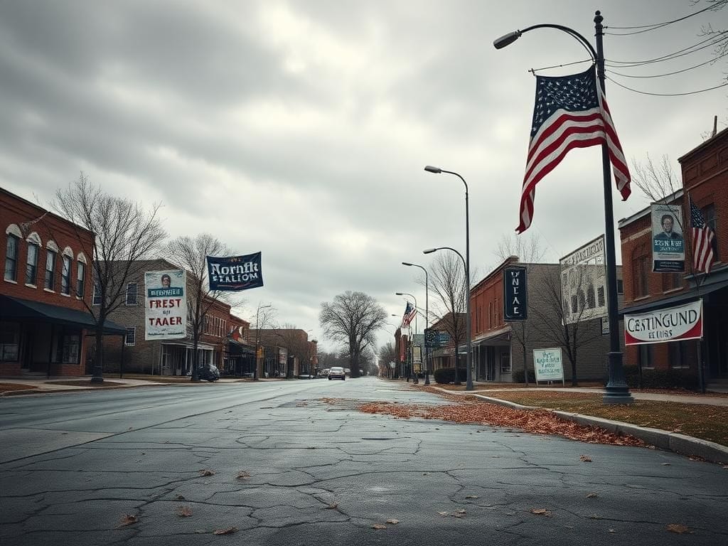 Flick International Desolate American town square reflecting political disillusionment
