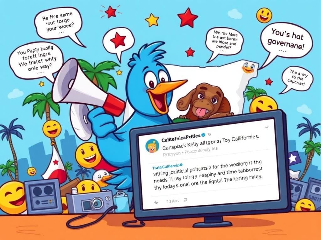 Flick International Cartoon-style illustration of social media chaos featuring a Twitter bird with a megaphone among emojis and memes.