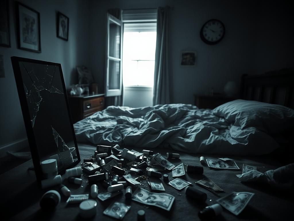 Flick International Dimly lit room with scattered drug paraphernalia and a shattered mirror reflecting chaos and despair
