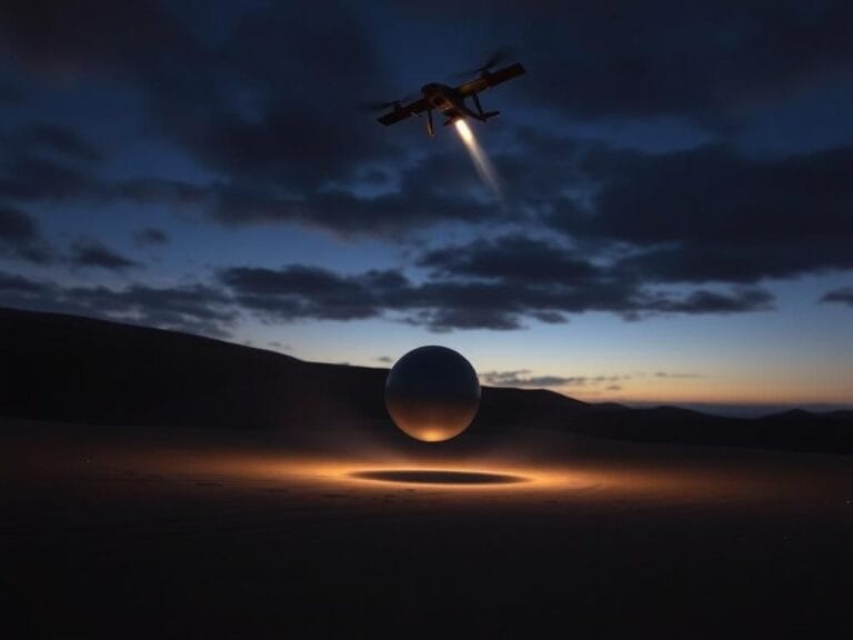Flick International Metallic orb hovering in twilight sky with drone and missile