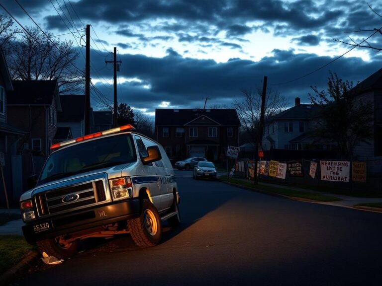 Flick International Abandoned federal immigration vehicle with slashed tires surrounded by protest signs in a quiet residential street