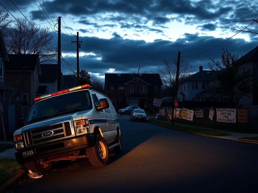 Flick International Abandoned federal immigration vehicle with slashed tires surrounded by protest signs in a quiet residential street