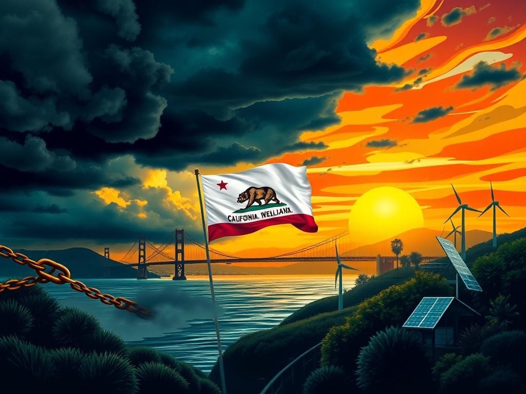 Flick International Dramatic California landscape featuring the Golden Gate Bridge under storm clouds with sunlight breaking through