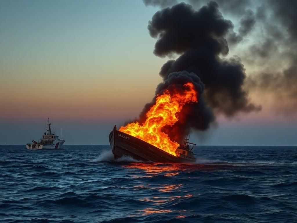 Flick International A burning drug boat engulfed in flames on the ocean