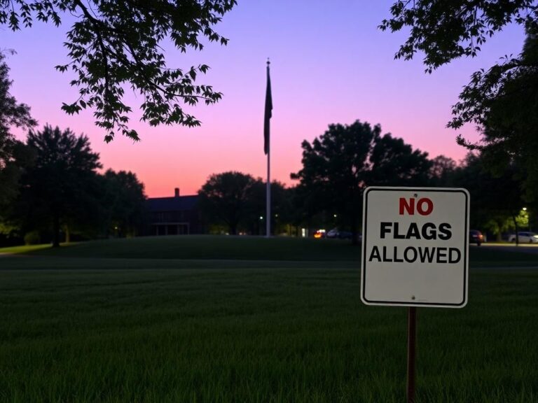 Flick International Somber scene at a Michigan city park with an empty flagpole against a twilight sky