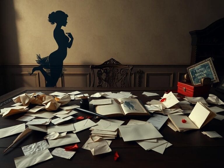 Flick International Ornate dark wood table with unopened envelopes, quill, and faded birthday book symbolizing political scandal