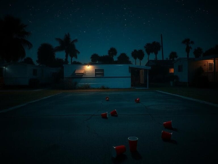 Flick International Night scene of a dimly lit mobile home at a trailer park