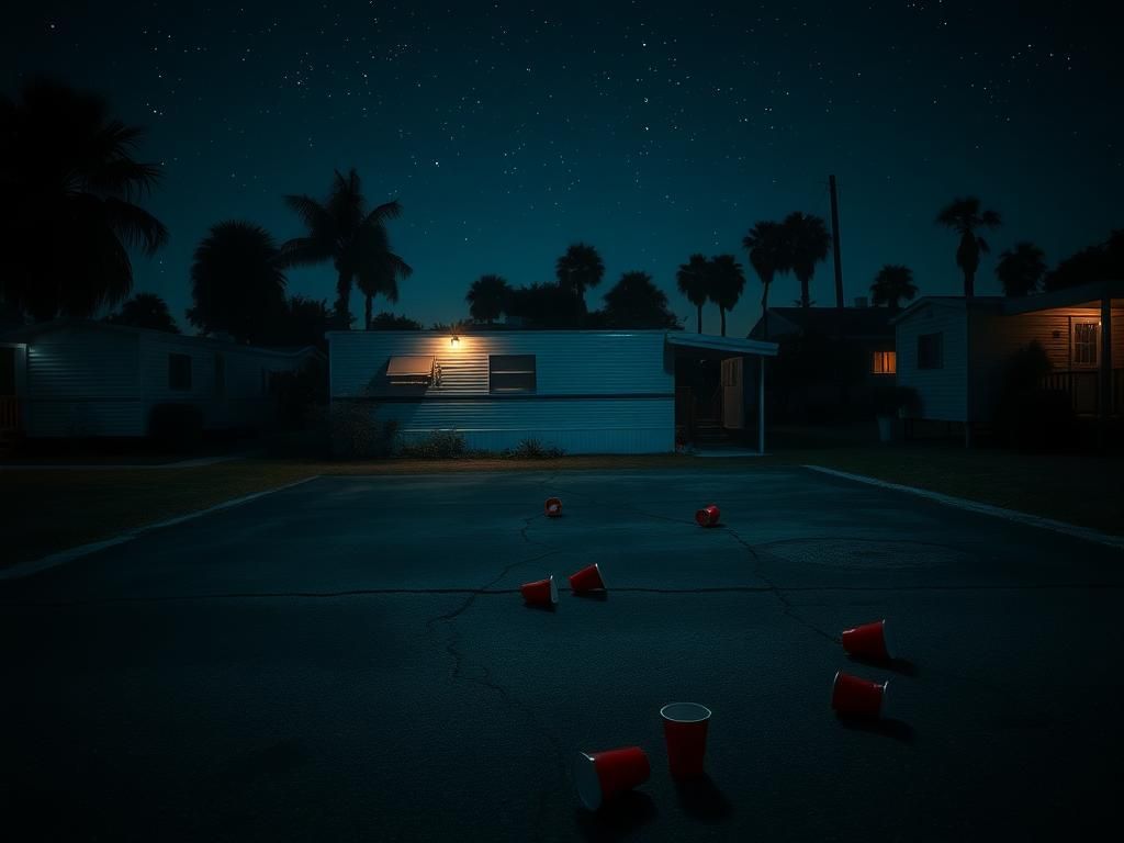 Flick International Night scene of a dimly lit mobile home at a trailer park