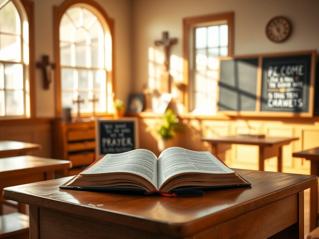 Flick International A peaceful Texas classroom with a Bible on a wooden desk
