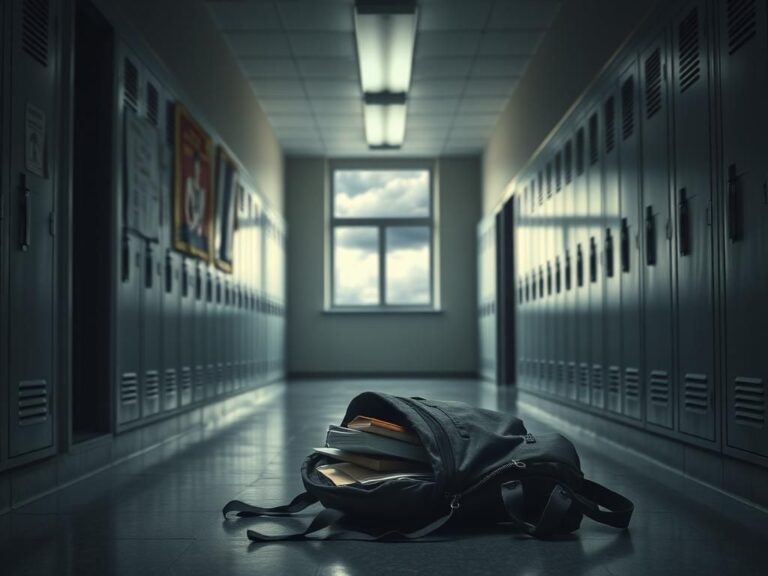 Flick International A poignant view of an empty school hallway with an abandoned backpack, symbolizing the aftermath of a shooting tragedy.