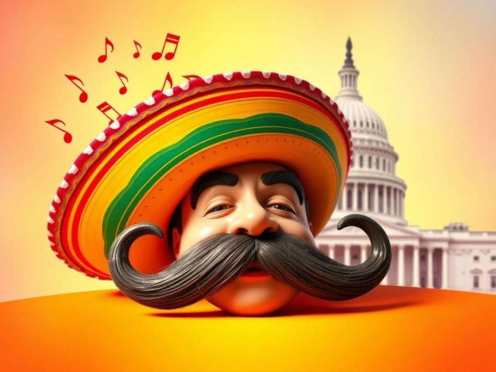 Flick International Colorful digital collage featuring a sombrero and oversized mustache with swirling mariachi music notes