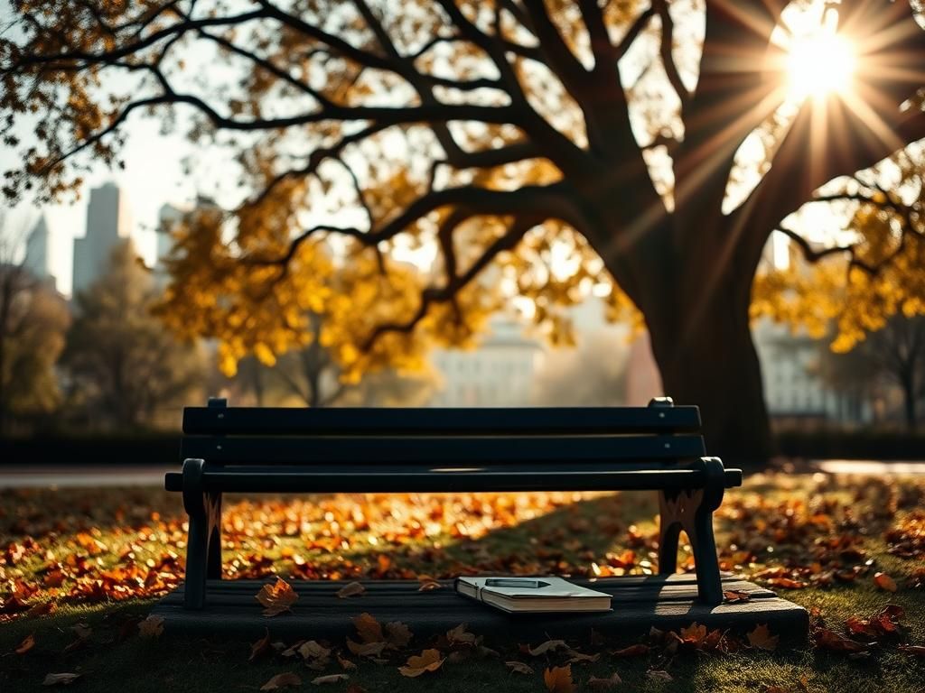 Flick International Serene empty park bench under a sprawling tree surrounded by autumn leaves