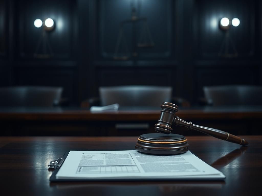 Flick International Courtroom scene depicting gavel and legal documents representing justice