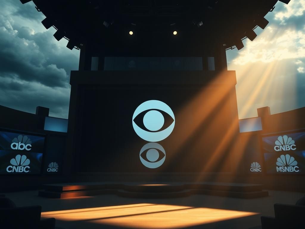 Flick International Dramatic television studio featuring CBS logo amidst a dimly lit atmosphere