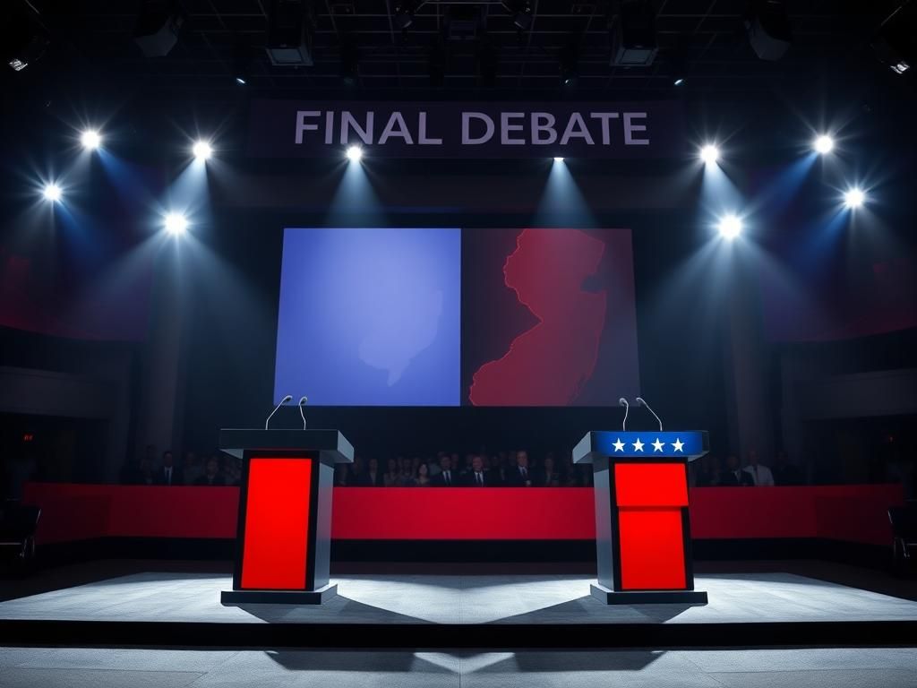 Flick International Dramatic debate stage with Democratic and Republican podiums during New Jersey gubernatorial debate