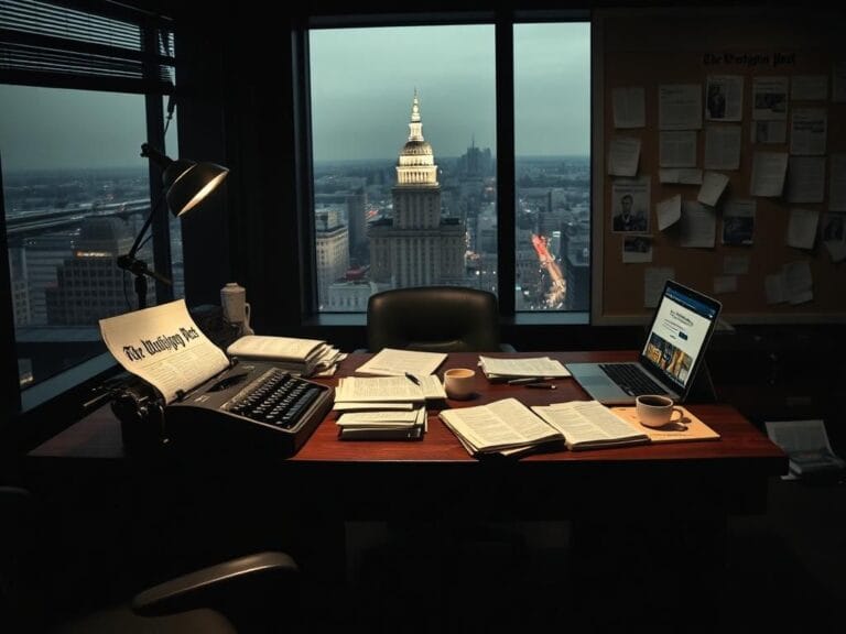 Flick International Dimly lit editorial office with a wooden desk and typewriter, symbolizing journalism's evolution