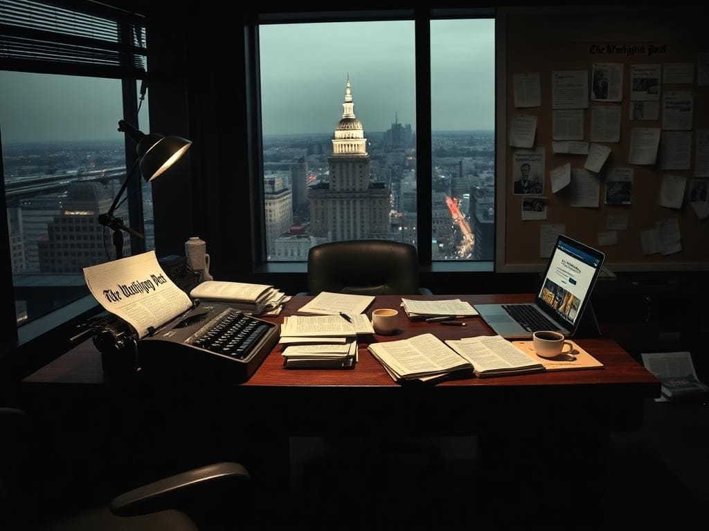 Flick International Dimly lit editorial office with a wooden desk and typewriter, symbolizing journalism's evolution