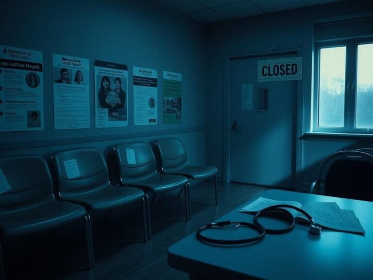 Flick International A deserted clinic waiting room with empty chairs and health posters on the walls