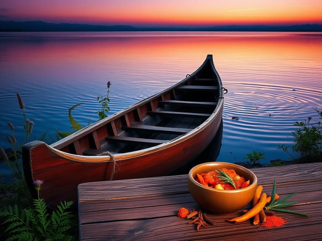 Flick International Weathered wooden canoe partially submerged in a serene lake surrounded by greenery