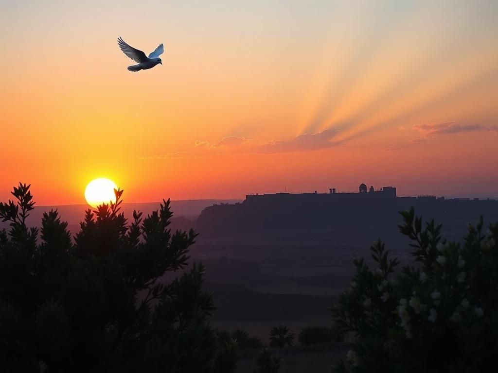 Flick International Serene landscape symbolizing hope and peace with olive trees and a sunset over the Middle East