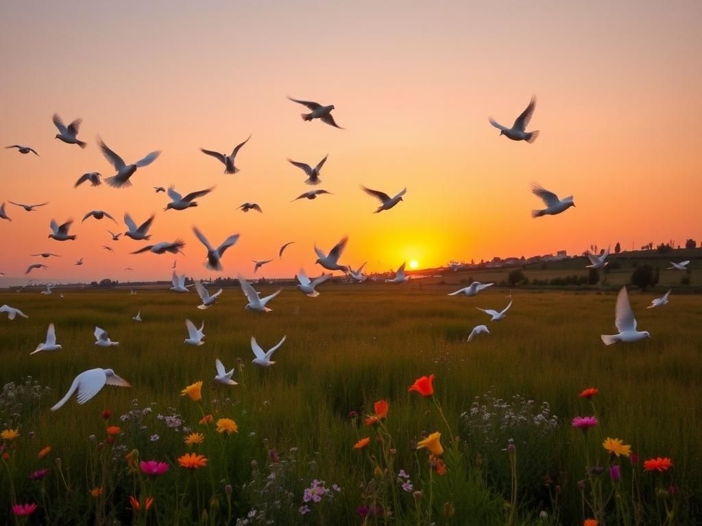 Flick International A serene scene of doves being released in a peaceful field at dawn, symbolizing hope and freedom.