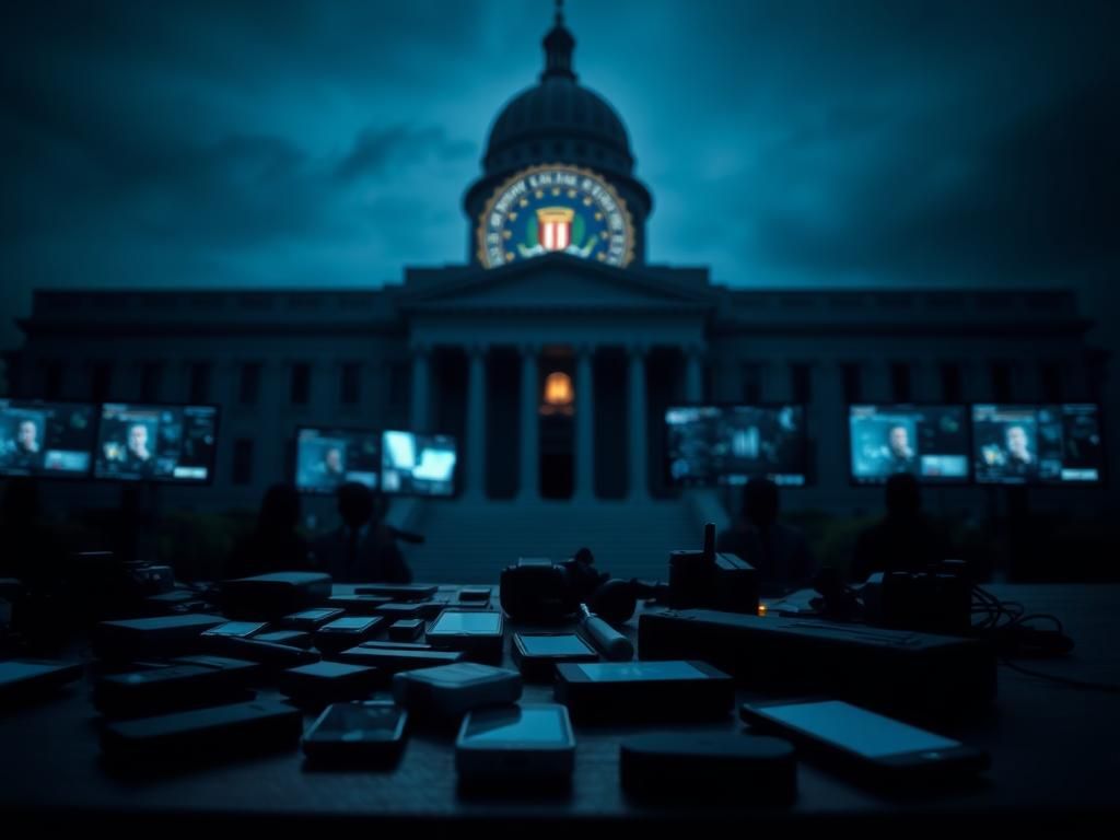 Flick International Dark government building with FBI emblem amidst communication devices symbolizing surveillance