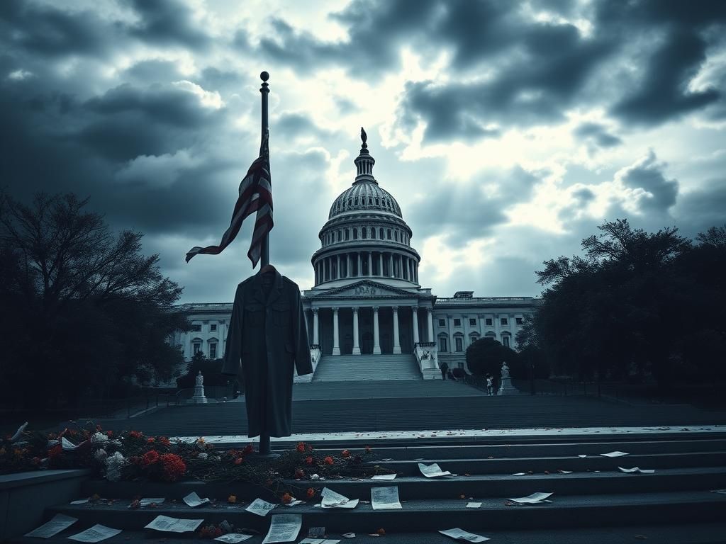 Flick International A somber depiction of the United States Capitol shrouded in shadows, symbolizing the government shutdown