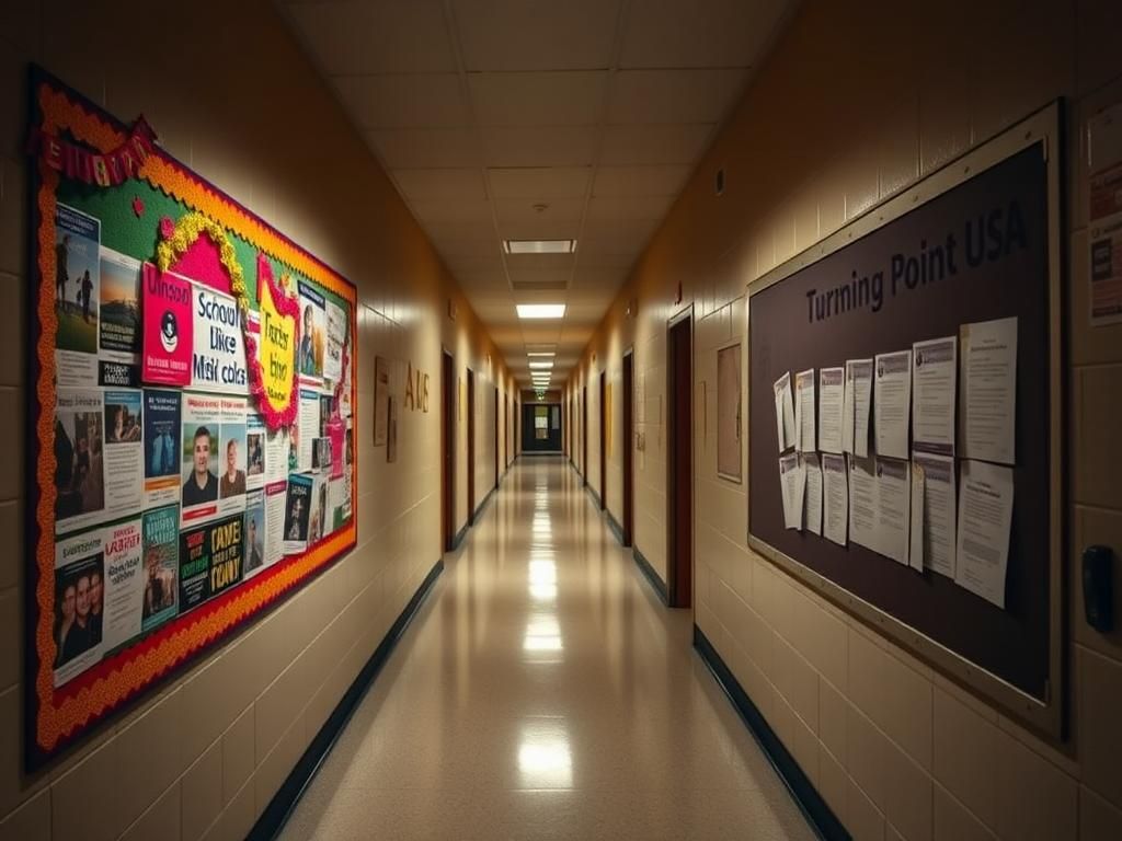 Flick International Dimly lit high school hallway with contrasting bulletin boards showcasing vibrant school club activities and a neglected Turning Point USA chapter display.