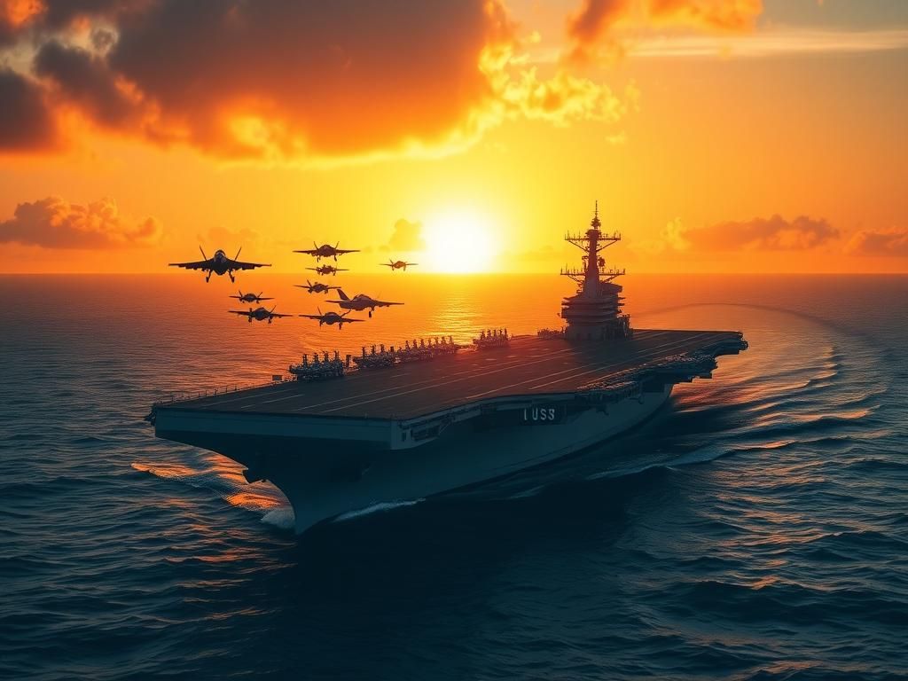 Flick International USS George H. W. Bush aircraft carrier sailing in the Atlantic Ocean during sunset with F/A-18EF Superhornets and F-35C fighters taking off.