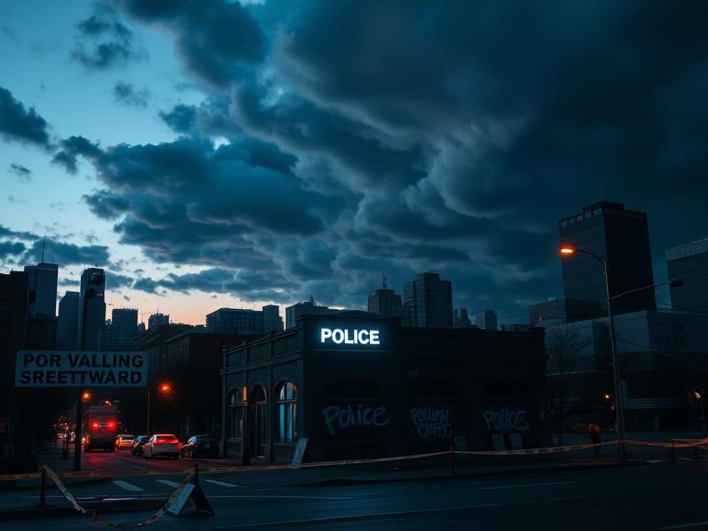 Flick International Dimly lit police station in Portland, Oregon at twilight, with signs of unrest surrounding it.