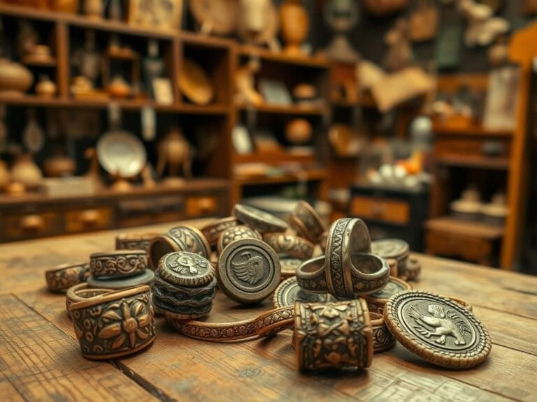 Flick International Collection of ancient rings and medallions displayed in a thrift store