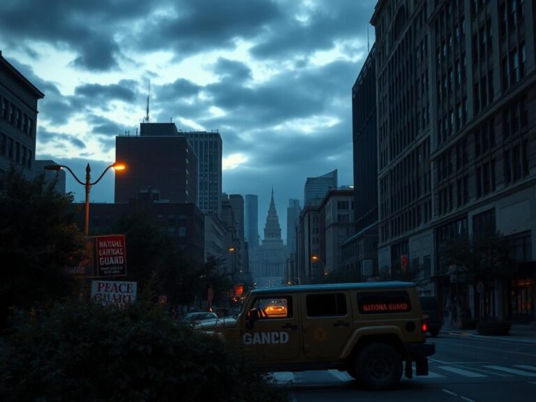 Flick International somber cityscape at dusk with an abandoned National Guard vehicle in the foreground