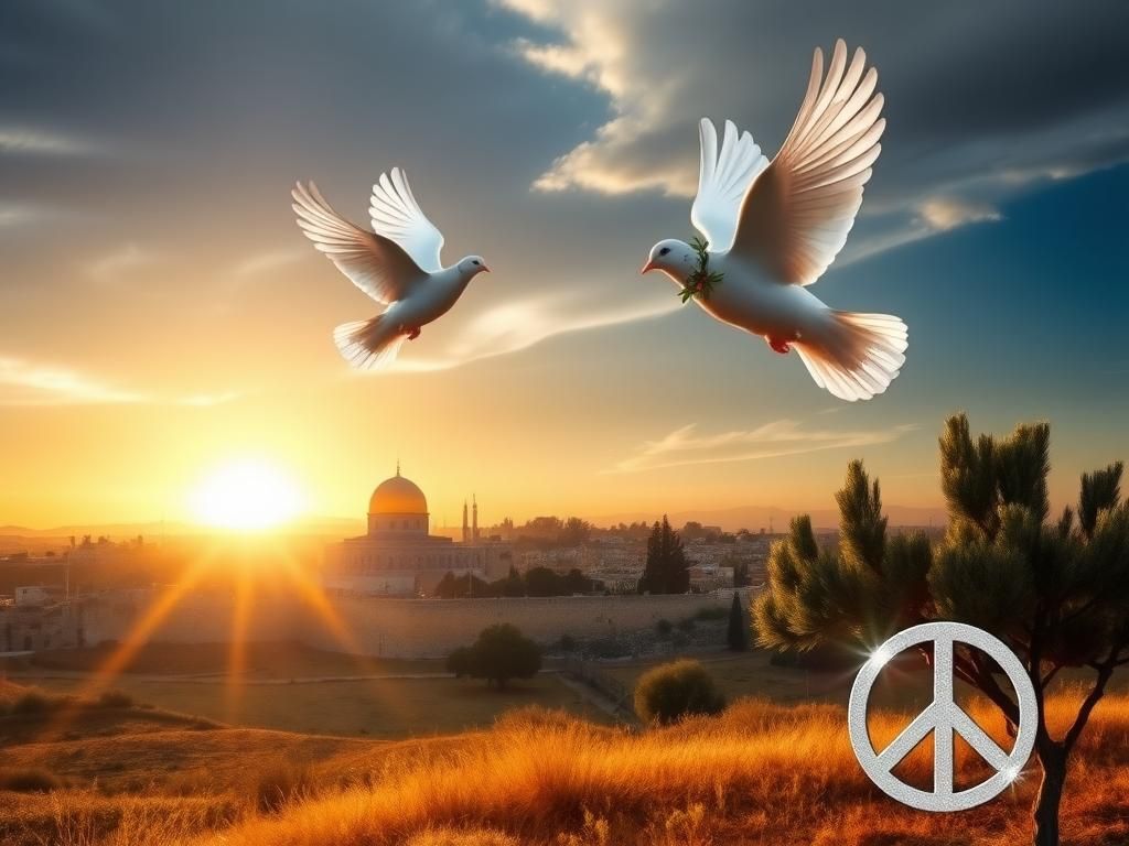 Flick International Dove flying over Jerusalem's skyline symbolizing peace in the Middle East