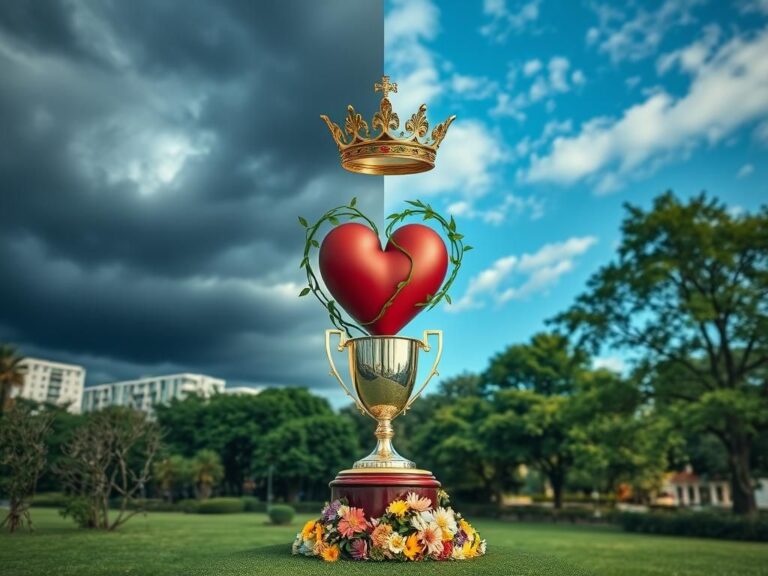 Flick International A split royal crown entwined with a heart in a serene urban park, symbolizing the tension and resolution between Prince Harry and Meghan Markle amidst ongoing royal scrutiny.