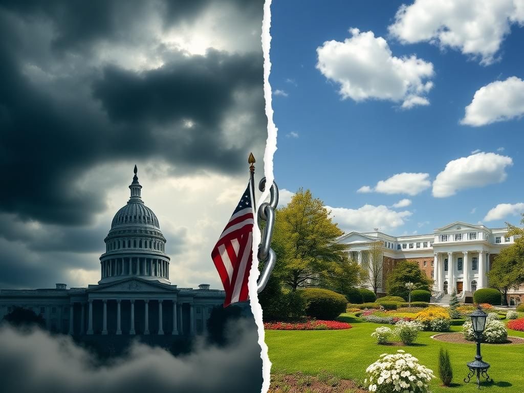 Flick International A split image showing contrasting political tension with a stormy sky and a sunny garden scene.