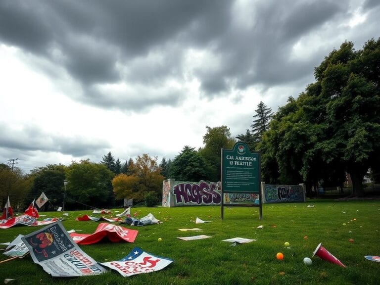 Flick International Empty Cal Anderson Park showing remnants of a Christian rally with discarded banners and signs