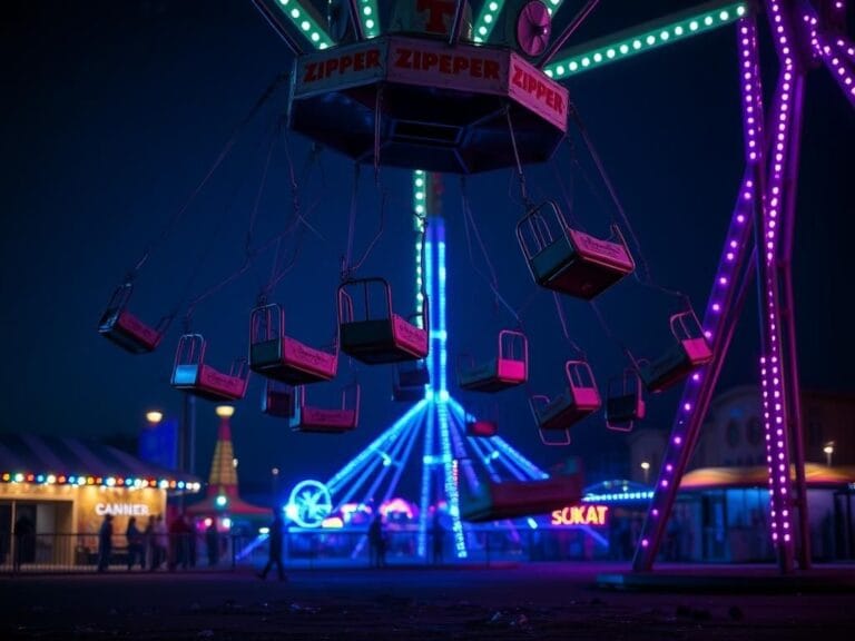 Flick International Empty carriages of The Zipper ride dangling precariously after malfunction at a California high school carnival