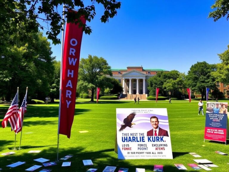 Flick International Vibrant campus scene at the University of North Dakota featuring banners and posters for Turning Point USA event