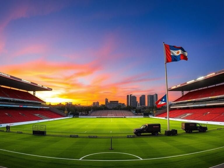 Flick International Panoramic view of Chase Stadium in Fort Lauderdale, featuring a vibrant soccer pitch and the Miami skyline at sunset.