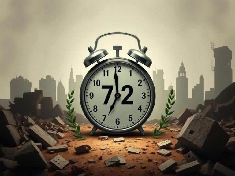 Flick International Tension and hope portrayed in an abstract representation of Gaza's landscape with a ticking clock symbolizing the 72-hour countdown for hostage release