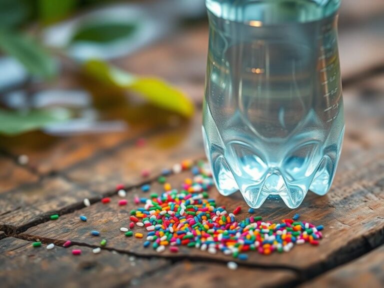 Flick International Close-up of a clear plastic water bottle surrounded by colorful microplastic particles on a wooden table