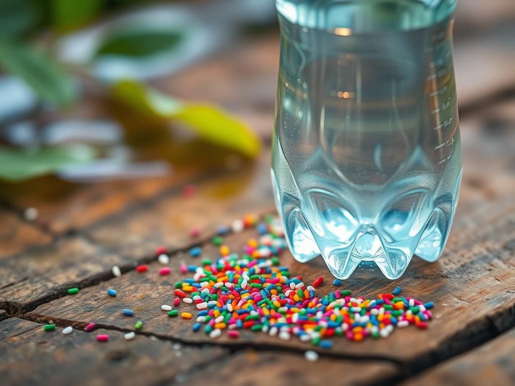 Flick International Close-up of a clear plastic water bottle surrounded by colorful microplastic particles on a wooden table