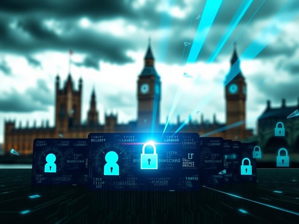 Flick International Abstract representation of digital identity and surveillance concerns, featuring digital ID cards with binary codes.