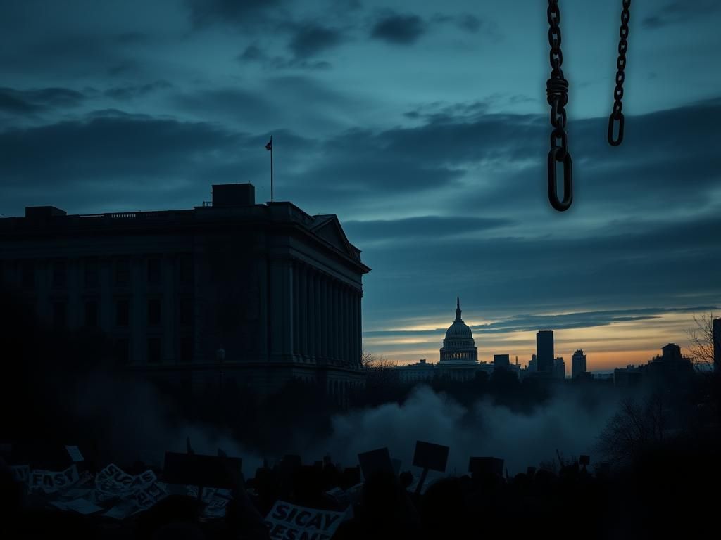 Flick International Dramatic cityscape at dusk with a weathered government building representing funding investigations