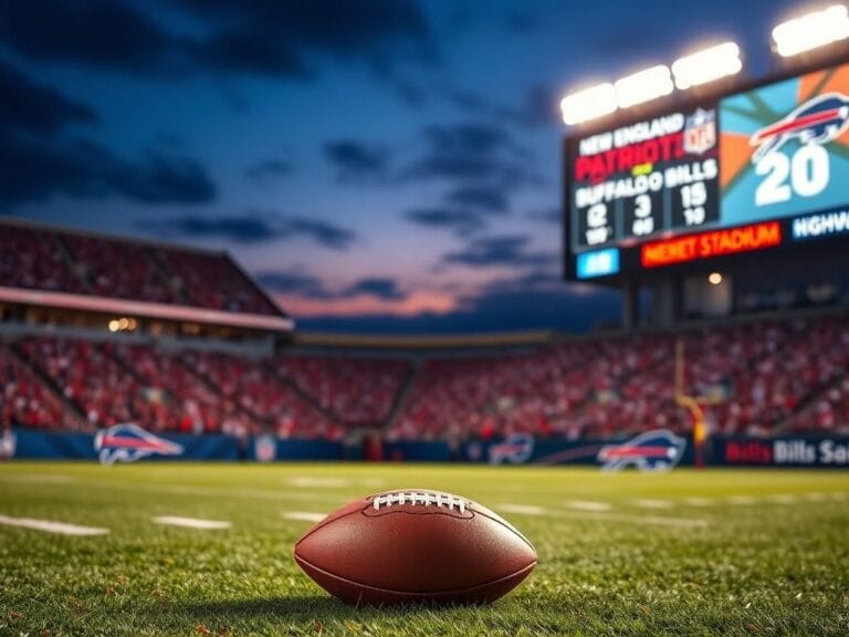 Flick International A Buffalo Bills football resting on the grass of Highmark Stadium under stadium lights