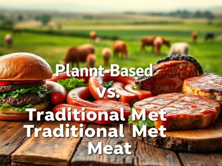 Flick International Close-up of a rustic wooden table with plant-based foods shaped like traditional meat products.