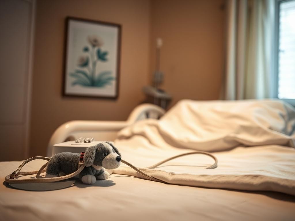 Flick International Hospital room with a healing atmosphere, featuring a hospital bed and an ice therapy machine.